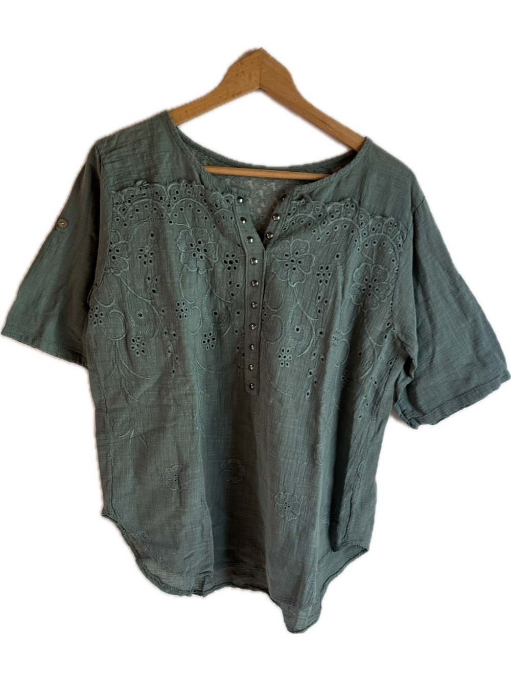 Made in Italy Lightweight Lace Yoke Top in Sage Green